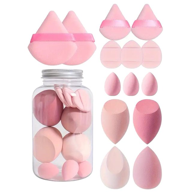 12-Piece Makeup Sponge Set for Flawless Foundation Blending, featuring a variety of soft, reusable beauty blenders in multiple shapes and sizes. Includes a clear cylinder can for convenient storage. Ideal for applying liquid foundation, powder, blush, and other cosmetics. The sponges are pink-toned, soft, and designed for even, traceless makeup application. Easy to clean and quick-drying for repeated use.
