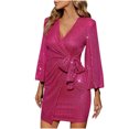 thumbnail image 1 of AherBiu Robe Courte à Paillettes pour Femmes Scintillante à Manches 3/4 Portefeuille avec Lien, Décolleté en V Profond, Soirée, Fête, Cocktail, 1 of 6