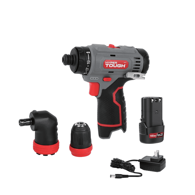 Hyper Tough Perceuse Électrique 12V Max Lithium-Ion 3-en-1 à Têtes Multiples, Perceuse Sans Fil Orientée vers l'Avant avec Gâchette à Vitesse Variable, Mandrin Amovible de 3/8 Po Sans Clé, Tête à Angle Droit Fixe, Porte-Mors à Dégagement Rapide, Lumière de Travail DEL, Aimant Supérieur, Pince de Ceinture Tout en Métal, Batterie 12V 1,5ah et Chargeur.