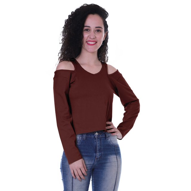 Moomaya Womens Cold Shoulder Short Top Solid Full Sleeves Summer Tee Tops