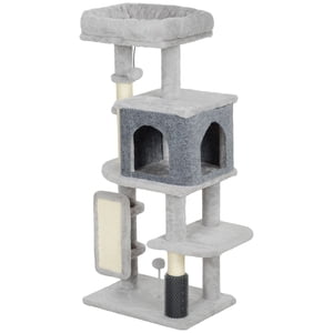 41 Arbre de chat de pouce avec condo, Tour de chat en peluche avec poteaux de scratch Sisal, Plates-formes de saut & Brosse de grooming, Centre d'activités multi-niveaux gris clair pour le salon intérieur