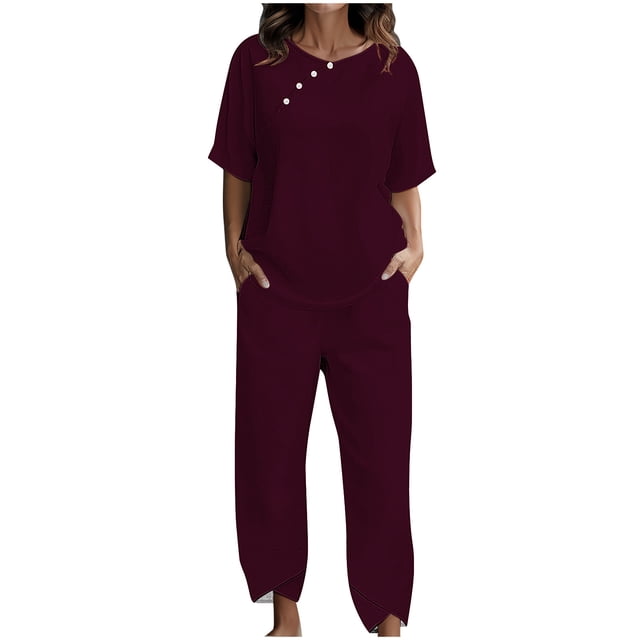 Yuyuzo Womens Lounge Sets Crew Neck Button Tops Baggy Pants with Pockets 2 Piece Summer Matching Sets