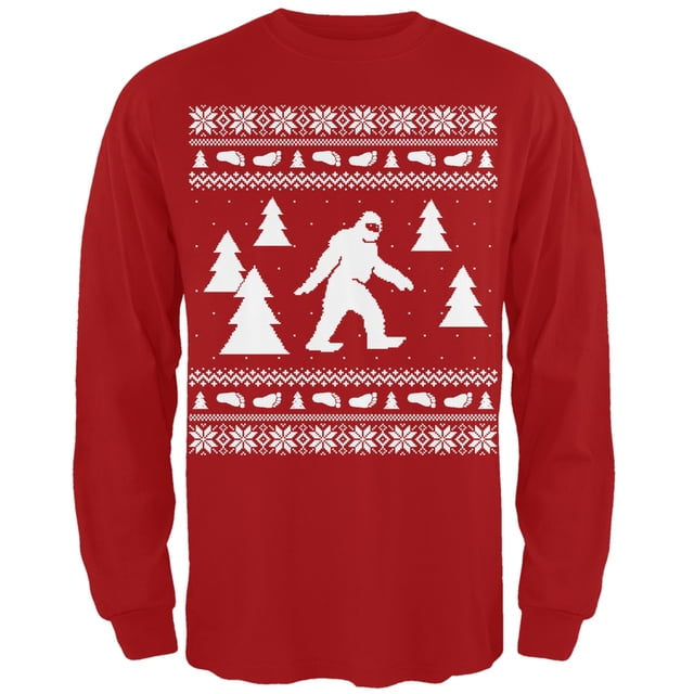 Sasquatch Ugly Christmas Sweater Red Long Sleeve T-Shirt with a festive Bigfoot design in white, surrounded by snowflakes, trees, and holiday patterns. This men's 100% cotton long sleeve shirt is ideal for holiday gatherings and fits the ugly Christmas sweater theme. Printed by Old Glory.