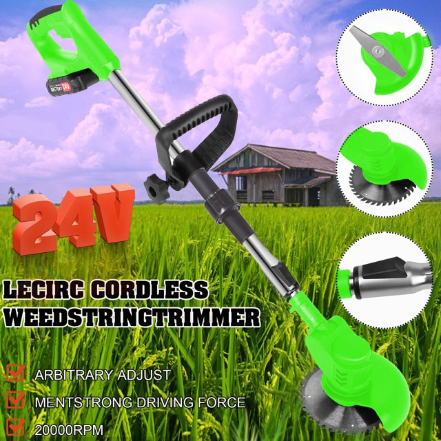 Bilqis Foldable String Grass Trimmer Weed Eater without 24V Lithium-Batteries. This cordless electric string trimmer features a foldable design for easy portability and storage. It includes a telescopic lever adjustable up to 120cm, a 180-degree adjustable angle for versatile use under trees, in corners, or around flower beds, and a control handle for precision. The trimmer is equipped with sharp blades for efficient grass cutting and an average head for easy cleaning. Made of ABS and metal, it operates at 650W power with a no-load speed of 18,000rpm. The package includes a lawn mower, charger, vice handle, socket wrench, various blades, and an instruction manual. Suitable for home garden lawn mowing.