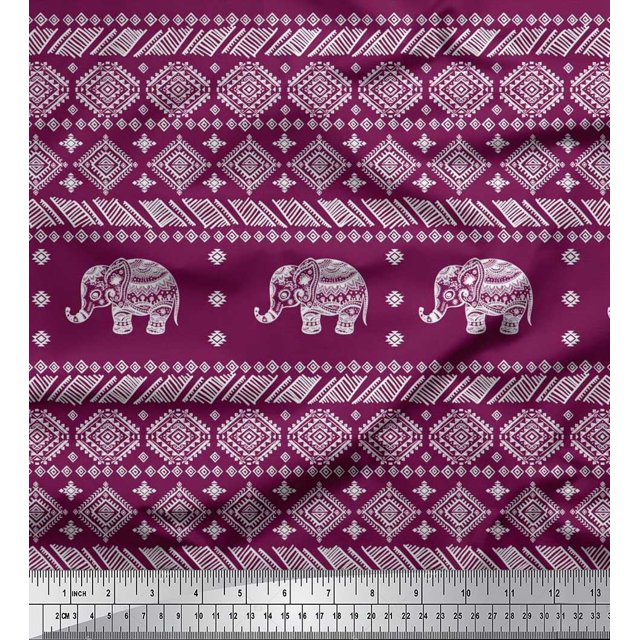 Soimoi Crepe Silk Fabric Aztec & Tribal Elephant Animal Print Sewing Fabric Yard 42 Inch Wide