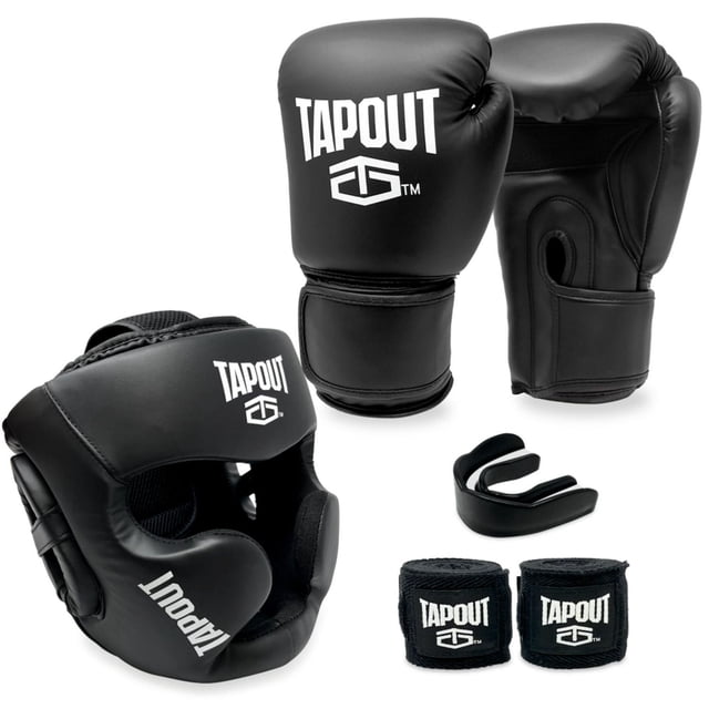 Tapout Black 6 Piece Boxing Kit with 10 oz black boxing gloves featuring white Tapout logo, adjustable protective headgear, two black handwraps with branding, and a black mouth guard, designed for beginner and enthusiast boxing training.