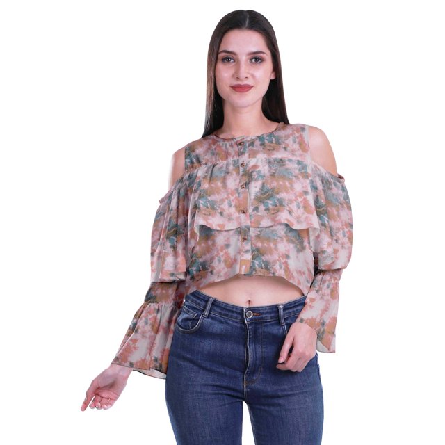Moomaya Cold Shoulder Tops Shirts For Women Button Down Long Ruffle Sleeve Top