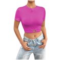 thumbnail image 1 of Yuyuzo Crop Tops pour Femmes Col Rond Manches Courtes Tops d'Été Ajustés Froncés Tee-Shirts, 1 of 6