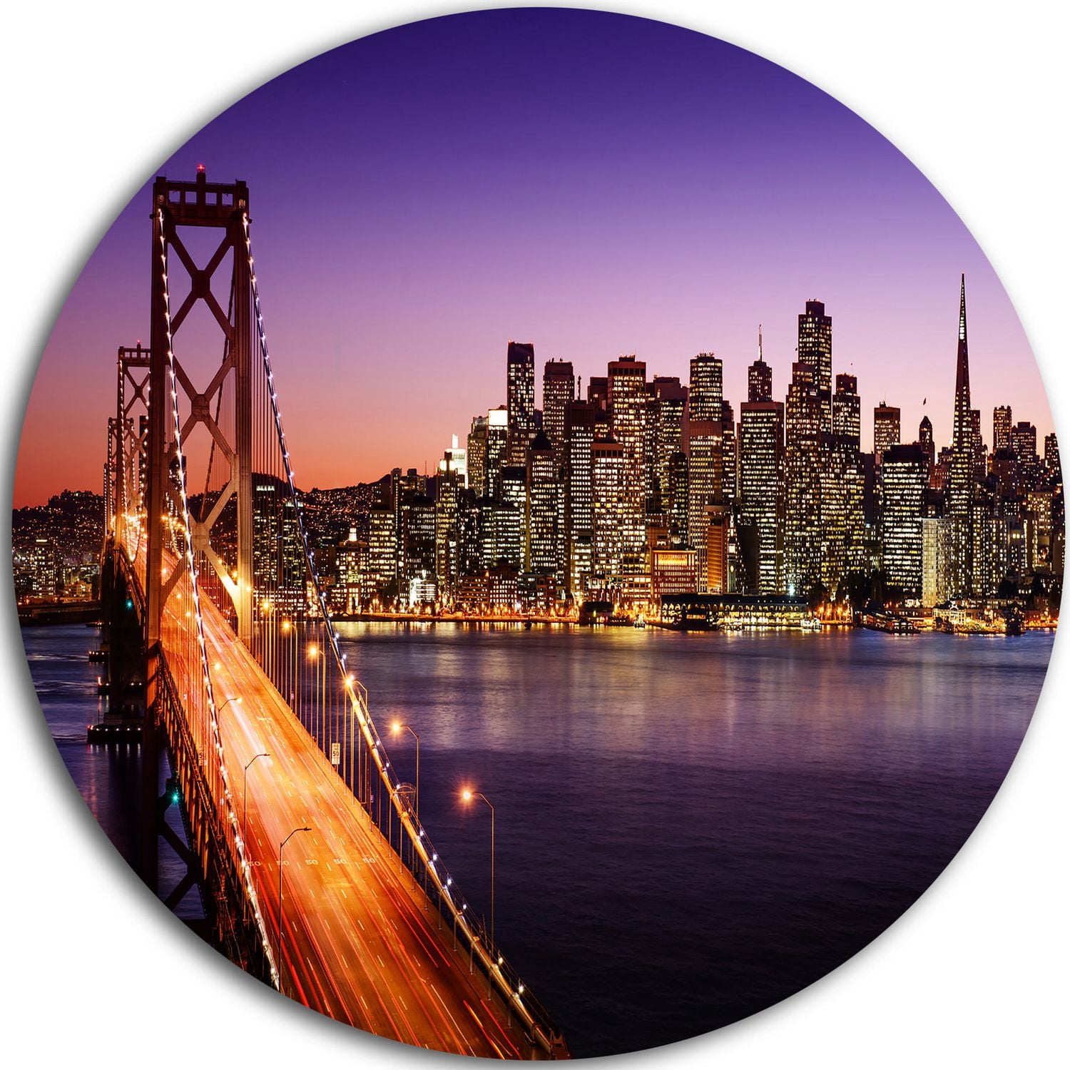 Design Art San Francisco Skyline And Bay Bridge' Ultra Glossy Sea Bridge Metal Circle Wall