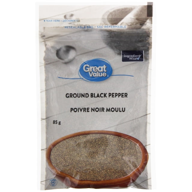 Great Value Poivre Noir Moulu dans un Sac Refermable de 85 g avec Fenêtre Transparente Montrant du Poivre Noir Finement Moulu, Mettant en Vedette le logo Great Value et un Symbole « Ingrédients Sages », Convient pour Assaisonner les Viandes, les Légumes et Plus.