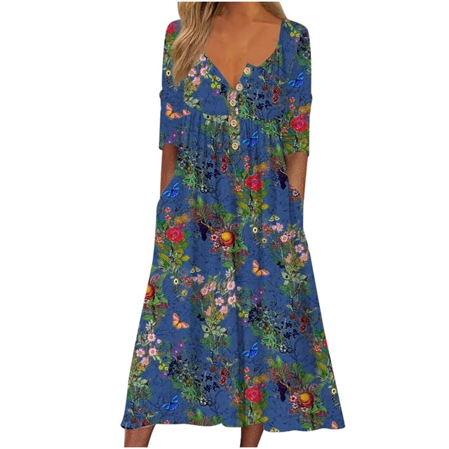 Robes d'Été Grande Taille pour Femmes 2024 Décontractées à Imprimé Robe à Manches Courtes Robe à Manches Courtes à Col Rond Robe Longueur Cheville Économisez jusqu'à 65 % de Rabais!