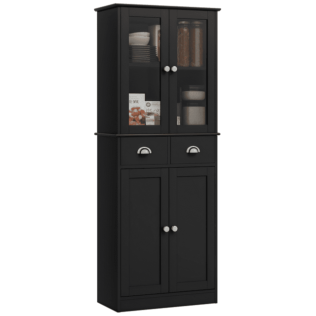 HOMCOM Armoire de Rangement de Garde-Manger de Cuisine 61 Pouces avec Tablettes et Portes à Fermeture Douce en Noir. Présente un design Traditionnel avec des Portes Supérieures en Verre, des Portes Inférieures Encastrées et Deux Tiroirs Centraux avec Boutons en Métal. Comprend Quatre Tablettes Ajustables pour Ranger la Vaisselle, les Casseroles, les Poêles Ou les Produits Secs. Fabriquée en MDF et Verre Trempé avec une surface Peinte pour un Nettoyage Facile. Dimensions : 23.6 Pouces L x 11.8 Pouces P x 61.2 Pouces H. Convient aux Cuisines, Salles à Manger Ou Espaces de Vie