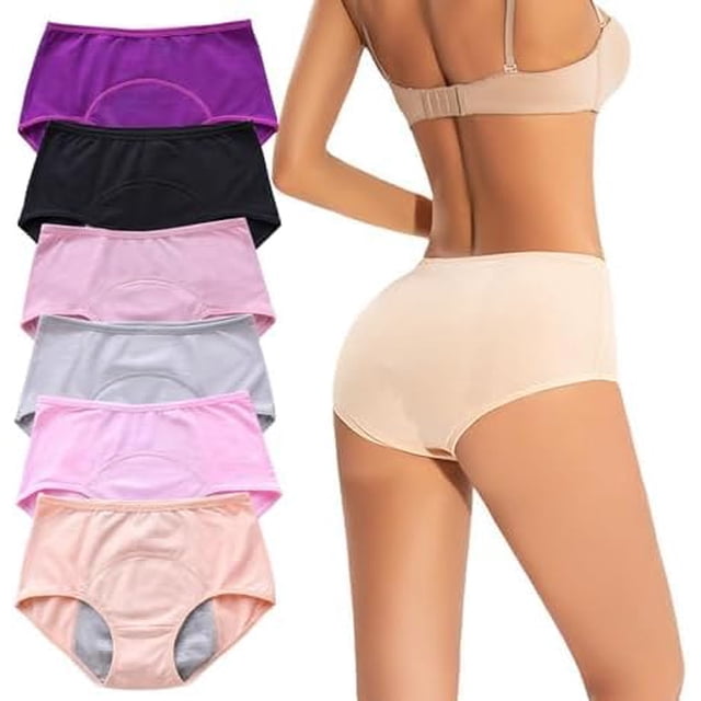 HAHDAXIA Culottes Anti-Fuites pour Femmes, Ensemble de 6 Culottes d'Incontinence Imperméables en Coton Multicolores en Taille G. l'Image Montre Cinq Paires Pliées en Diverses Couleurs, Incluant Violet, Noir, Rose, Gris et Pêche, à Côté d'Un Modèle Portant la Paire beige. Conçues avec une Doublure Anti-Fuites à Trois Couches, Ces Culottes Offrent une protection Complète contre les Fuites et les Taches. Faites de 95 % Coton et 5 % Élasthanne, Elles Sont Douces, Respirantes et Extensibles pour un Confort Uniforme. la Ceinture Sans Compression Assure la Durabilité et Empêche les Boucles après une Utilisation Prolongée
