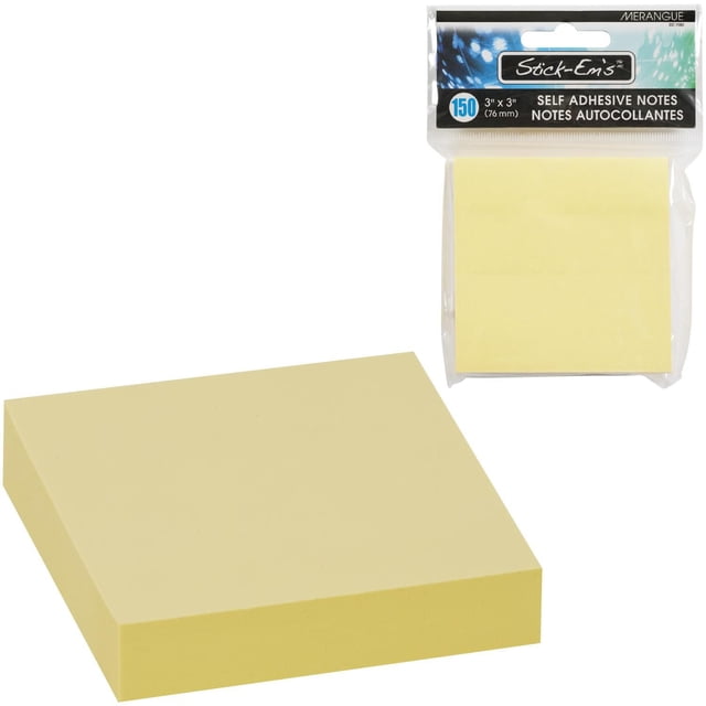 Merangue Self-Adhesive Notes, 3" x 3", yellow sticky notes pad with 150 sheets, featuring strong adhesive backing for secure placement on paper, walls, and monitors, ideal for office and school organization and note-taking.