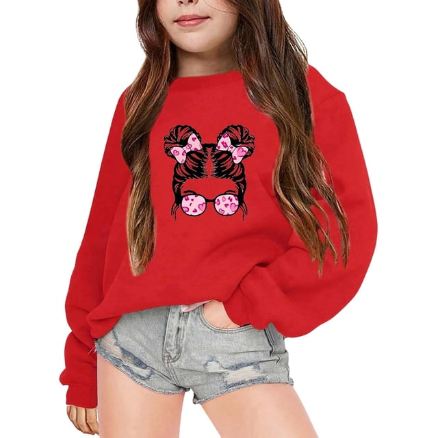 YOUSNH Chandails pour Enfants Filles Automne et Hiver Imprimé Lettre Col Rond Manches Longues Chandail Filles Chandails à Capuchon Rouge 5-6 Ans