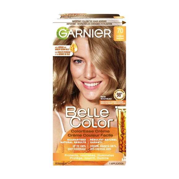 Garnier Belle Color Permanent Hair Dye, 70 Dark Blonde, 100% Grey Coverage, Enriched with Argan Oil and Wheat Germ Oils - 1 Application