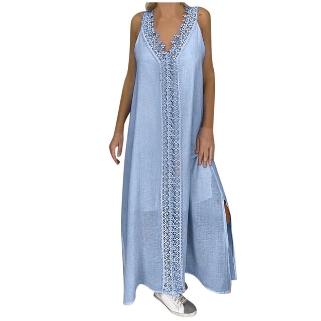 XZNGL Longue Robe Maxi pour Femmes Grande Taille Col en V Sans Manches Plage Ample Dentelle Patchwork Longue Robe Robe Maxi Grande Taille Robe de Plage Grande Taille Robe Maxi pour Femmes