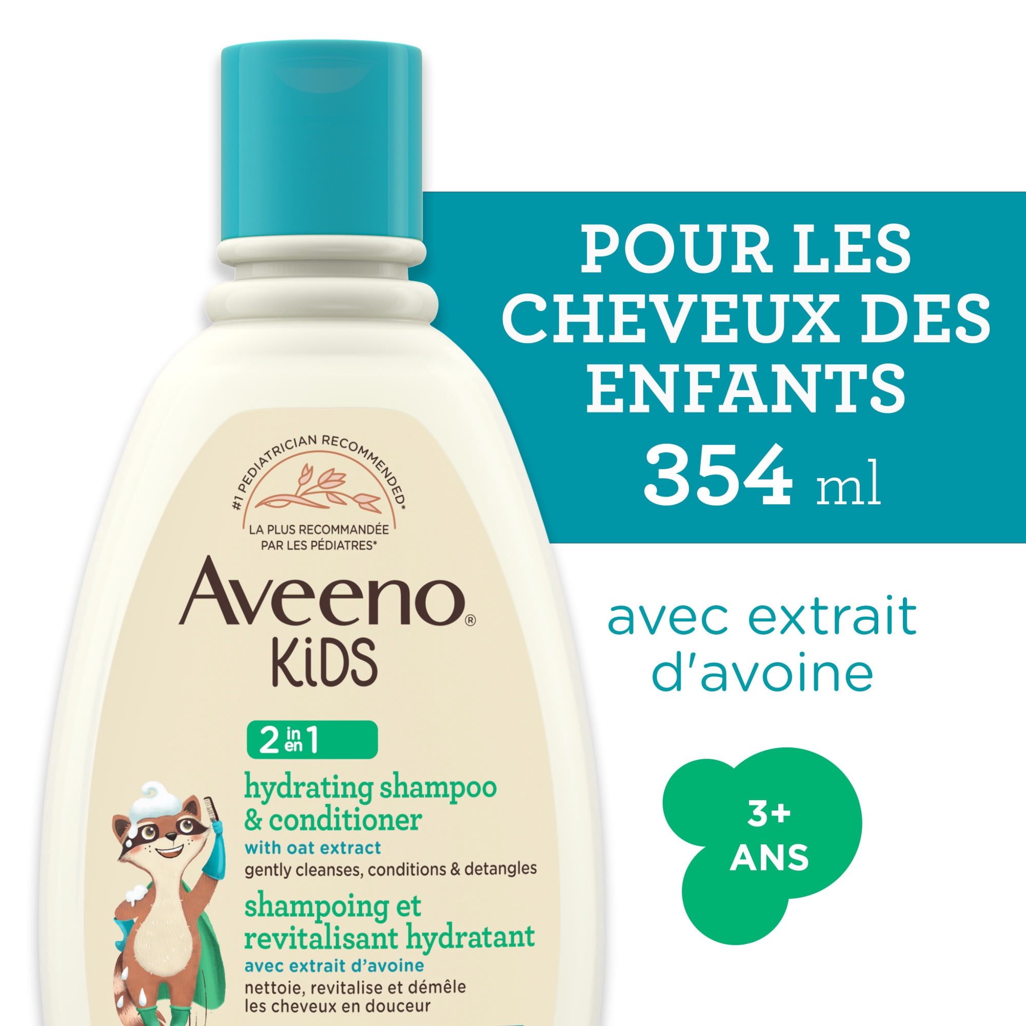 Shampooing et revitalisant hydratant 2 en 1 Aveeno Kids avec extrait d’avoine, shampooing sans sulfates, revitalisant de soins capillaires, n’irrite pas les yeux, peau, cuir chevelu sensibles, 354 ml