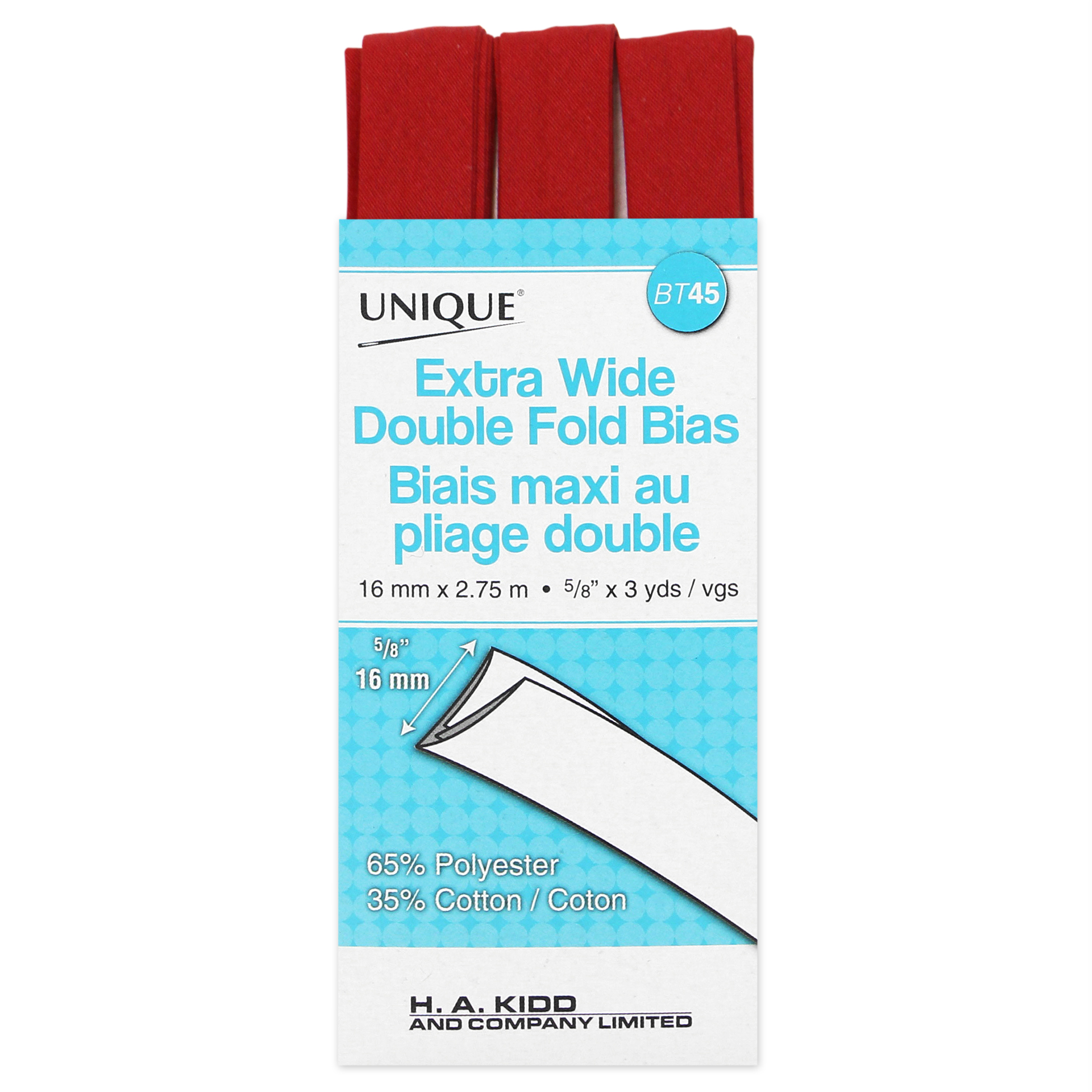 UNIQUE Extra Wide Double Fold Bias Tape, 16 mm (0.63 in) × 2.75 m (5/8 in × 3 yd), Poly-coton
