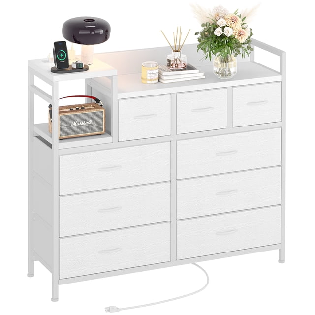 Garvee Commode en Tissu à 9 Tiroirs avec Station de Recharge, Tour de Rangement pour Chambre, Garde-Robe et Salon, Blanc