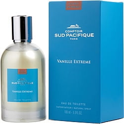 Comptoir Sud Pacifique Vanille Extreme EDT W 100ml boxed glass bottle displayed alongside its vibrant blue packaging. The Eau de Toilette spray, with a refreshing oriental and woody fragrance, is presented in a sleek, transparent glass bottle with a metallic cap. The packaging highlights the product name and brand logo, emphasizing its premium quality.