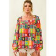 thumbnail image 3 of Blouse à Manches Bouffantes au Col Carré et au Crochet Floral Multicolore pour Femmes, 3 of 5