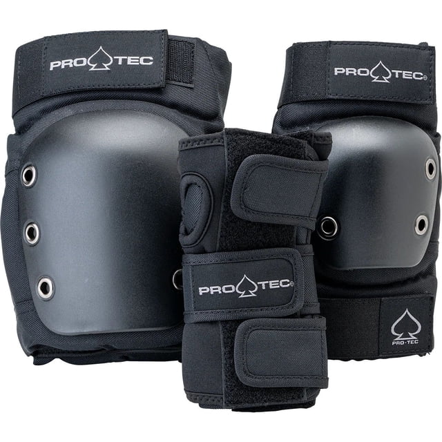 Pro-Tec Jr Ensemble de 3 Protège-Genoux pour Planche à Roulettes en Noir, Conçu pour les Jeunes de 5 à 10 Ans. Comprend des Genouillères, des Coudières et des Protège-Poignets Faits de Mousse EVA et de nylon Balistique pour la protection contre les Glissements et les Éraflures. Comprend un Endos en Néoprène, un Intérieur en lycra Extensible et des Attaches Autoagrippantes Enveloppantes pour un Ajustement Sécuritaire. Convient aux Cyclistes Pesant de 25 à 50 kg (55 à 110 Lb).