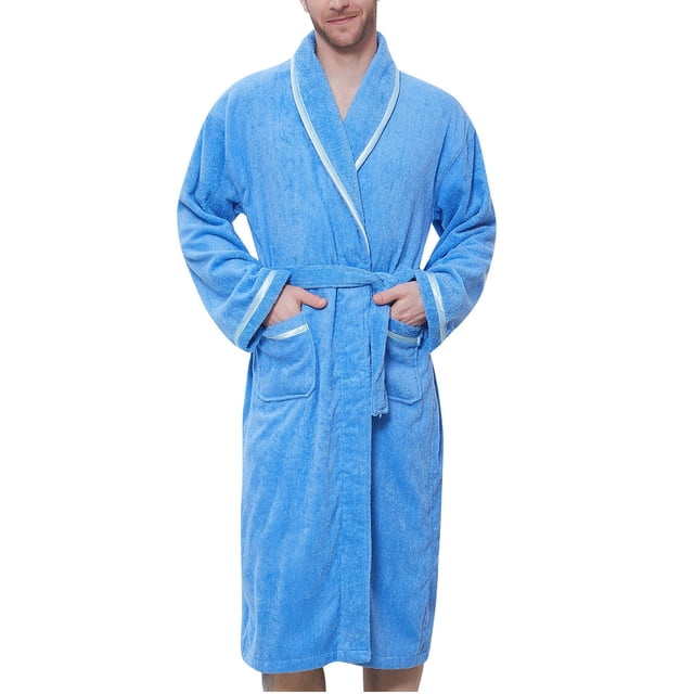 Penkiiy Fleece Robe Bathrobe Men Solid Casual Keep Warm Pocket Night Gown Bathrobe M Blue