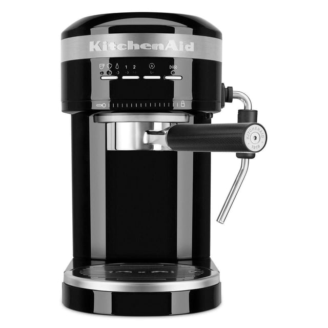 KitchenAid® Metal Semi-Automatic Espresso Machine in black with metal trim, front-facing view showing control panel with buttons and icons, textured black handle on the commercial-grade portafilter, and stainless steel steam wand on the right, designed for brewing espresso and steaming milk for specialty drinks at home.