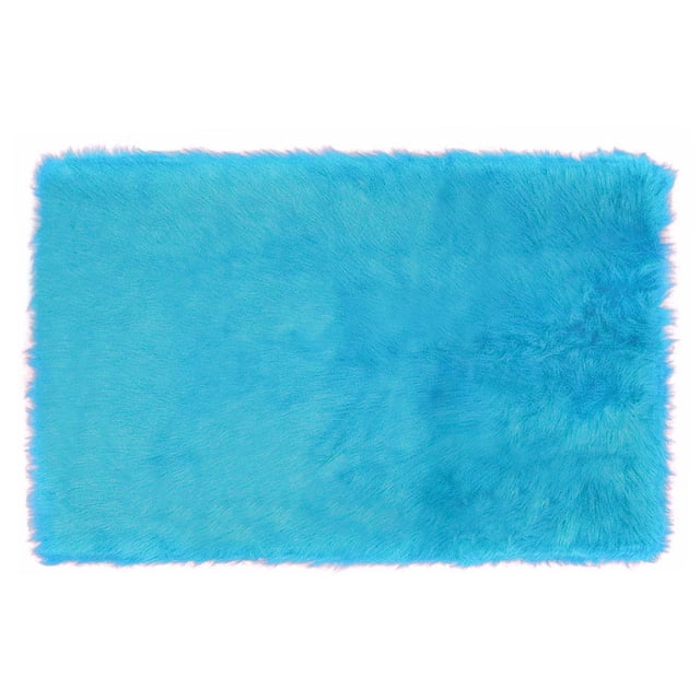 Home Decor Inc Mainstays Kids Faux Fur Rug in light blue, 30 by 45 inches, rectangular with a soft, plush flokati-style texture, shown top-down on a white background, perfect for kids’ bedrooms, playrooms, or nurseries, and suitable as a cozy play surface.