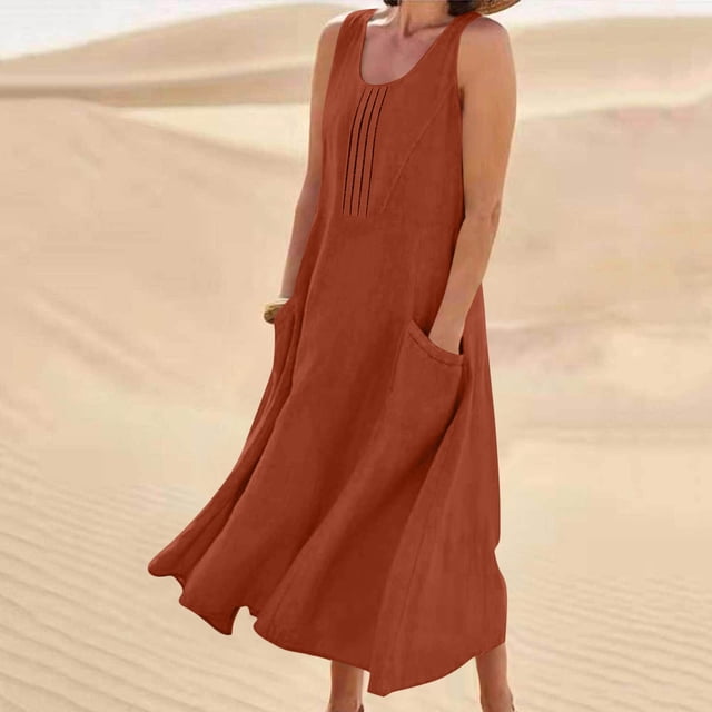justHIGH Robe Midi en Coton et Lin pour Femme 2026 Été à Manches Courtes Décontractée Robes Plissées Ligne A Robe de Plage avec Poches Vert Armée, TG