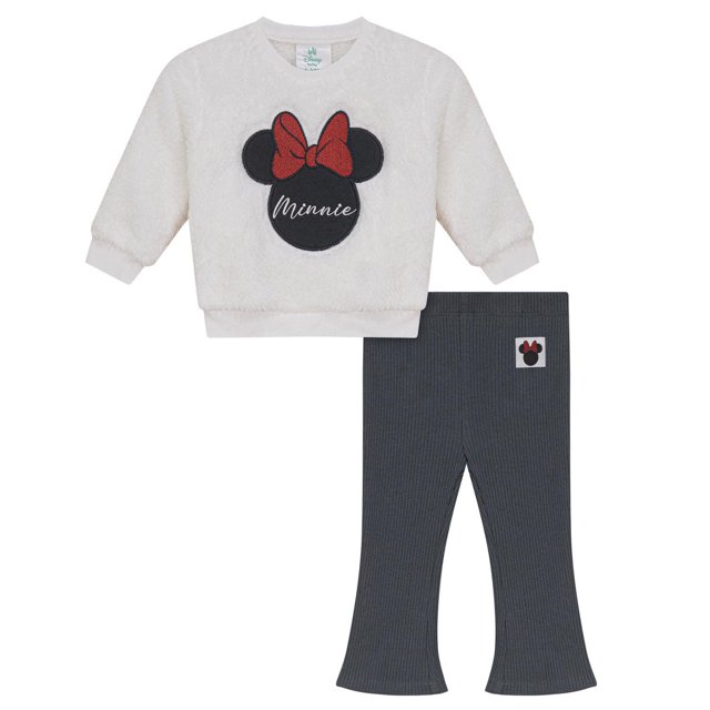 Disney Minnie Mouse Pants Set for baby girls featuring a white plush long-sleeve sweatshirt with ribbed neckline, cuffs, and waistband, embroidered with Minnie Mouse's head and red bow applique, paired with dark grey ribbed pants with an elastic waistband and Minnie Mouse patch for comfort and warmth.