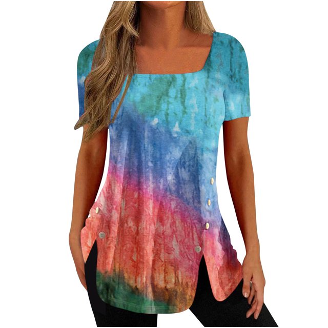 Birdeem Fashion Womens Casual Printed Square Neck Short Sleeve Buttons Tops Loose Blouses