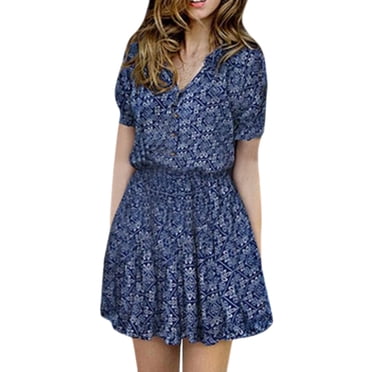 TJAZFJPA Robes Formelles pour Femmes Mariage Été Imprimé Floral Col en V Décontracté Manches Courtes Mini Robe Motifs pour Femmes Couture Robe Manches Bouffantes
