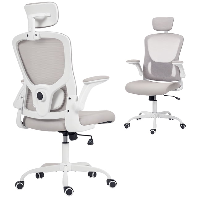 HOMCOM Chaise de Bureau Ergonomique Gris avec Soutien Lombaire 4D, Doté d'Un Dossier en Maille Respirante, d'Un Appuie-Tête Ajustable et d'Accoudoirs Relevables. la Chaise Comprend une base Pivotante à 360° avec Roues en PU, une Hauteur de Siège Réglable et une Fonction d'Inclinaison. Conçue avec une base en Acier Robuste et une Capacité de Charge de 265 Lb, Elle Convient à l'Utilisation au Bureau Ou en Résidence Étudiante.