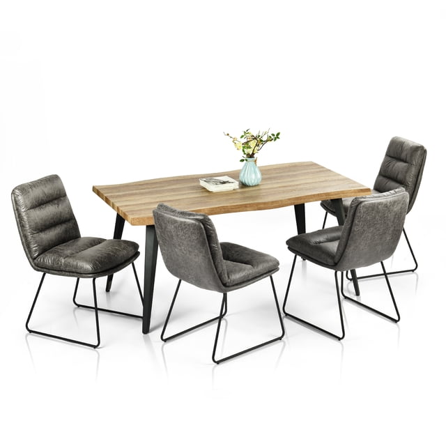 Homy Casa 5 Piece Dining Room Set with a rectangular faux natural wood table measuring 63 by 35.4 inches, supported by black metal legs, paired with four vintage grey faux leather cushioned chairs with black iron sled bases, suitable for kitchens or dining rooms.