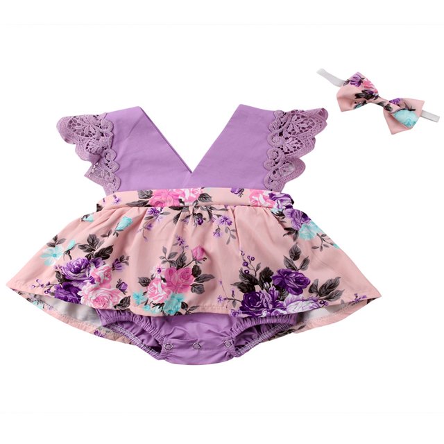 Vêtements Assortis pour Filles Bébé Barboteuse Sans Manches Robe Florale Tenues