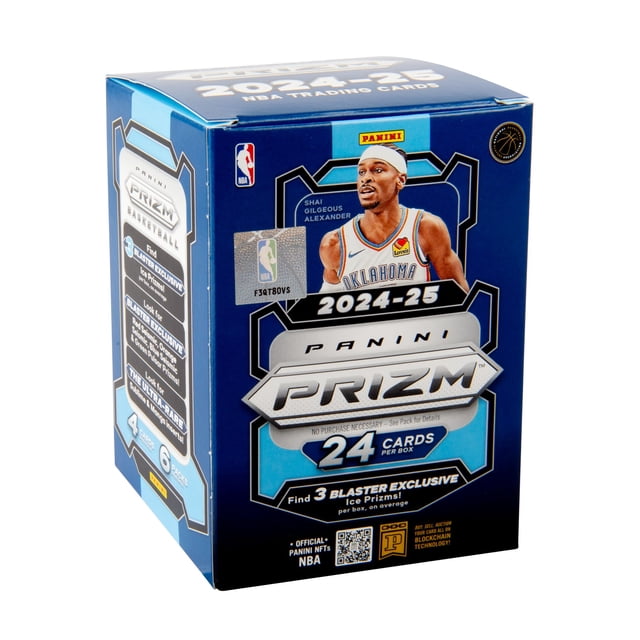 Boîte Blaster de Cartes à Échanger de Basketball Panini Prizm 2024-25 dans un Emballage Bleu avec les logos NBA et Panini, avec Shai Gilgeous Alexander en Uniforme Oklahoma City Thunder, Contenant 24 Cartes par Boîte, Dont 3 Prix Ice Exclusifs en Moyenne, et NFC Officielles NBA avec Technologie blockchain.
