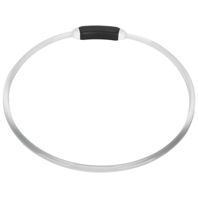 Light Up Dog Collar, a glowing LED pet collar for medium and small dogs. Made of soft, non-toxic plastic, it features a USB rechargeable lithium battery and adjustable length for a secure fit. The collar offers fast flashing, slow flashing, and constant bright lighting modes, perfect for night walking. The image shows a circular, transparent collar with a black locking mechanism at the top.