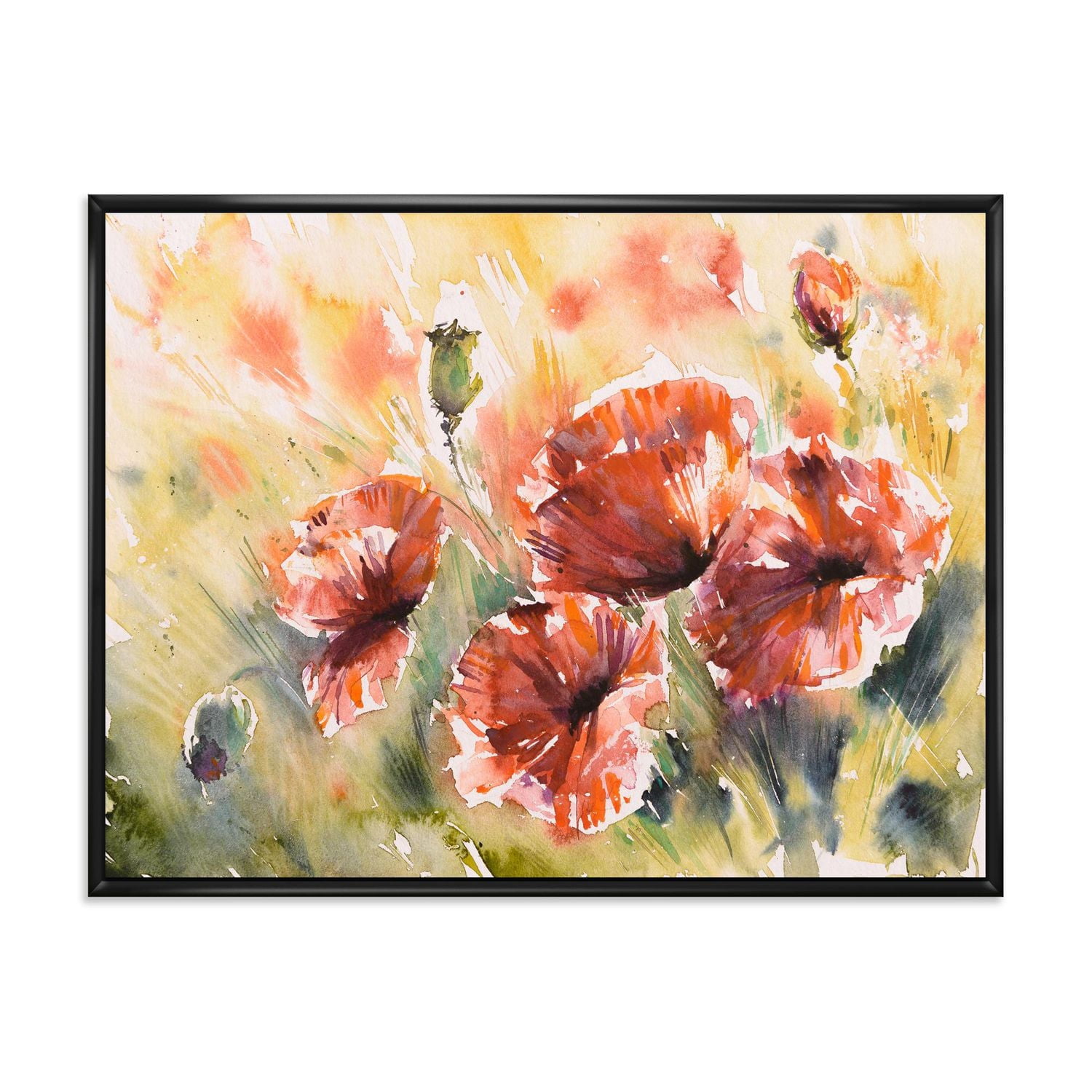 Designart Coquelicot rouge sur un champ ART MURAL À CADRE FLOTTÉ
