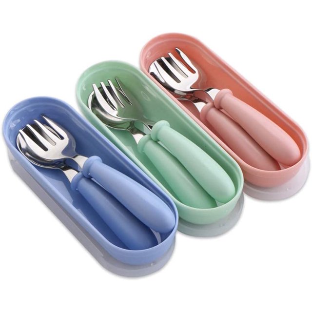 Baby Fork and Spoon 3 Set with three pairs of toddler utensils in pastel blue, green, and pink, stored in matching travel-safe carry cases. Designed for kids' self-feeding, these flatware sets feature soft ergonomic handles and durable stainless steel tips. BPA-free and dishwasher safe, ideal for home or on-the-go use.