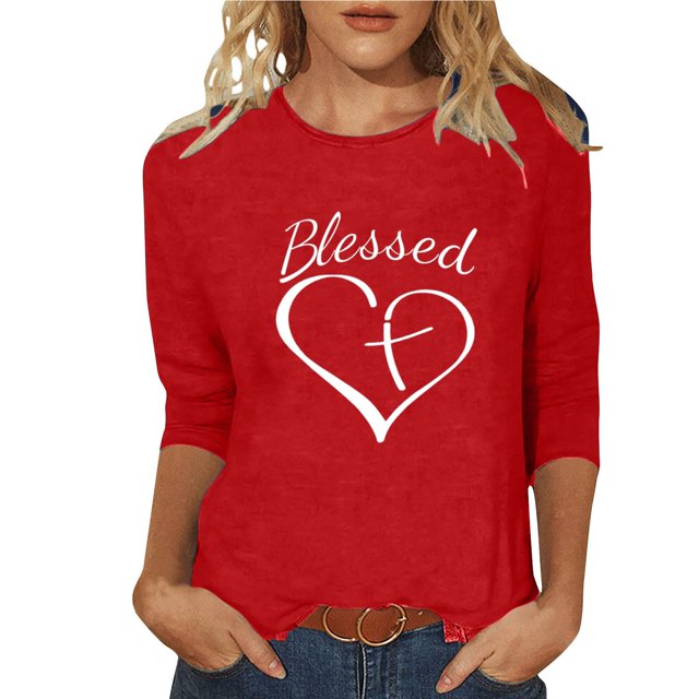 Penkiiy Hauts à Manches 3/4 Imprimés Cœur Col Rond Tunique de la Saint-Valentin Blouse m Rouge