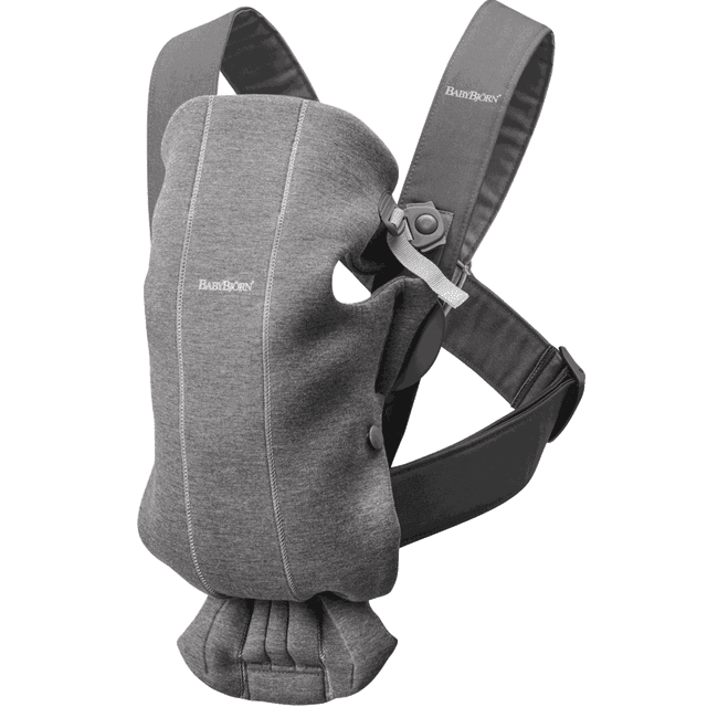 Porte-bébé BabyBjorn Mini en jersey 3D Gris Foncé, un Porte-Bébé avant Conçu pour les Nouveau-Nés jusqu'à 12 Mois et Pesant de 7 à 24 Lb. Doté d'Un Siège et d'Une Appui-Tête Ajustables pour un Confort Ergonomique, de Matériaux Légers et Douillets et d'Un Tissu Lavable à la Machine.