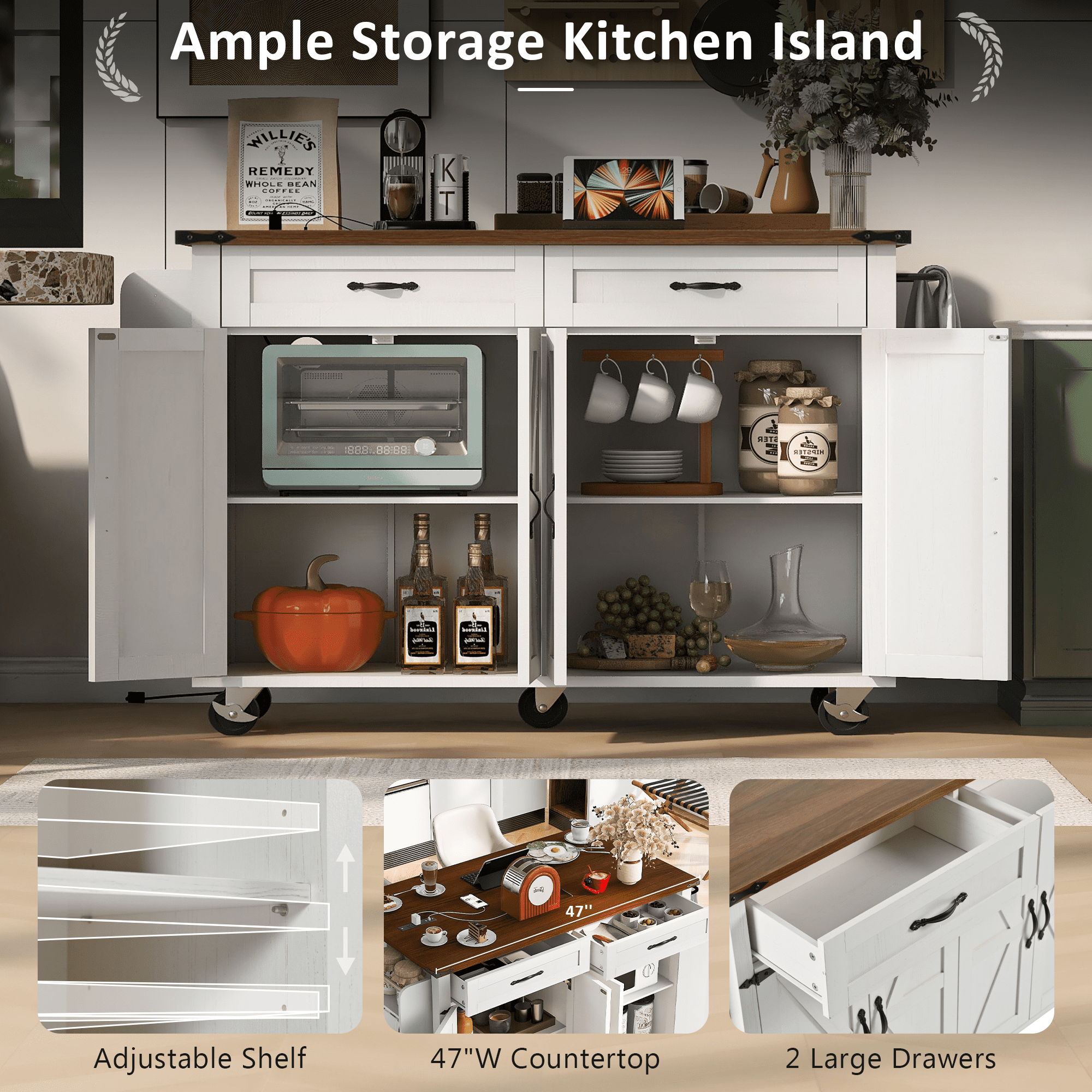 Homy Casa 53 Inch Farmhouse Style Kitchen Island with Power Outlet, Foldable Countertop, Spice Rack, Drawers, and Wheels – White