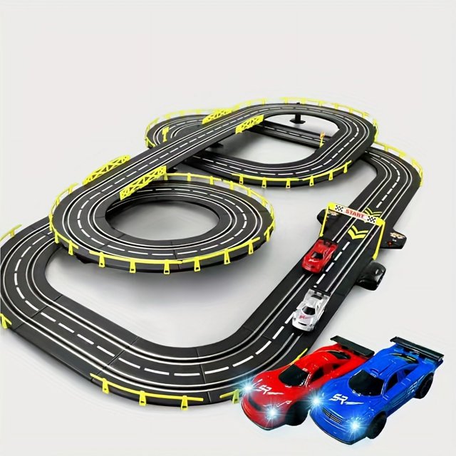 Two-people Racing Toy Set Racing Track Toy by GRM, a car racing playset with a plastic figure-eight track featuring yellow guardrails. Includes two USB-powered racing cars, one red and one blue, designed for children aged 6 to 8 years. No batteries required.