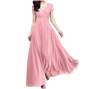Kcodviy Women's V-Neck Solid Color Summer Women Casual Short Sleeve Chiffon Waist Striped Midi Dress Closing Evening Dress