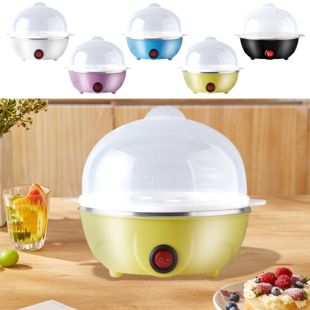 Sentmoon Lightweight Water Bottle Mini Electric Cooker, a small stainless steel double-layer egg boiler and multifunctional household breakfast maker. The appliance is shown in yellow with a transparent dome lid, a red power button, and a compact design. It is placed on a wooden kitchen counter with breakfast items nearby. Other available colors include white, blue, pink, and black.