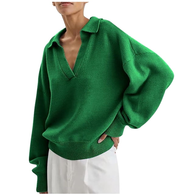 Yuyuzo Women Ribbed Tops Long Sleeve Wrap V Neck Pullover Solid Color Casual Baggy Fall Tops