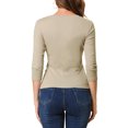 thumbnail image 3 of INSPIRE CHIC Women's Button Decor V Neck 3/4 Sleeve Solid Knitted Ruched Blouse Light Khaki 2XL, 3 of 7