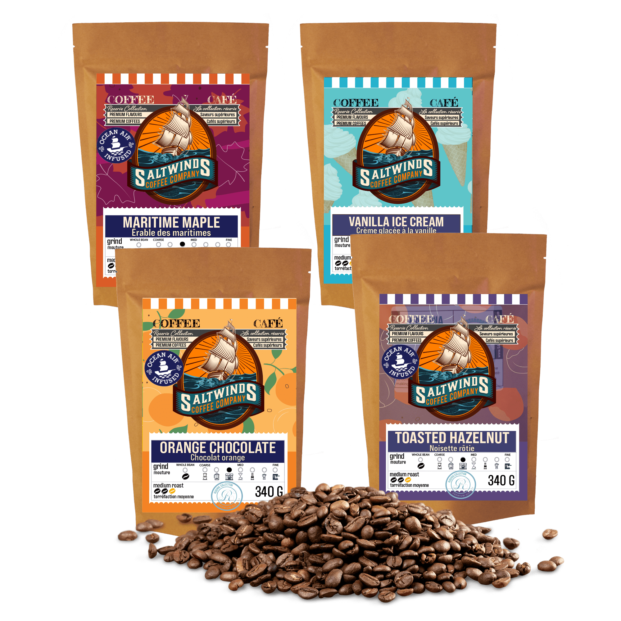Baristas Choice Flavoured Coffee Bundle (4 × 340 g Whole Bean) | Ocean Air Infused | Maritime Maple, Vanilla Ice Cream, Orange Chocolate & Hazelnut